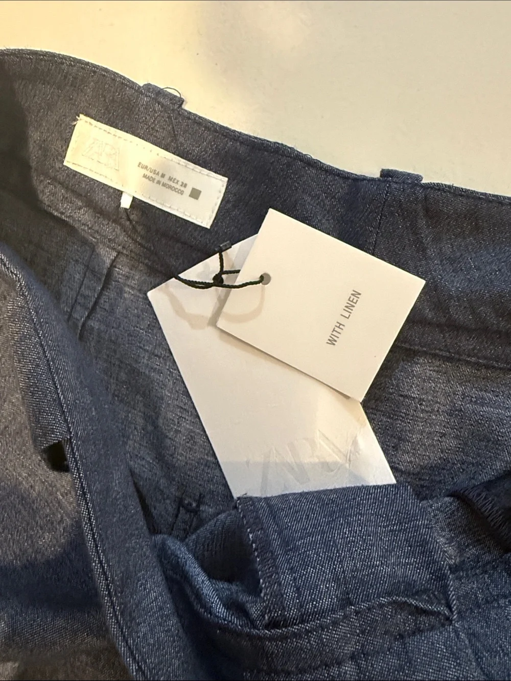 NWT Zara Wide-Leg Cropped Culottes Trouser with Linen Blue Autumn High Waist Med